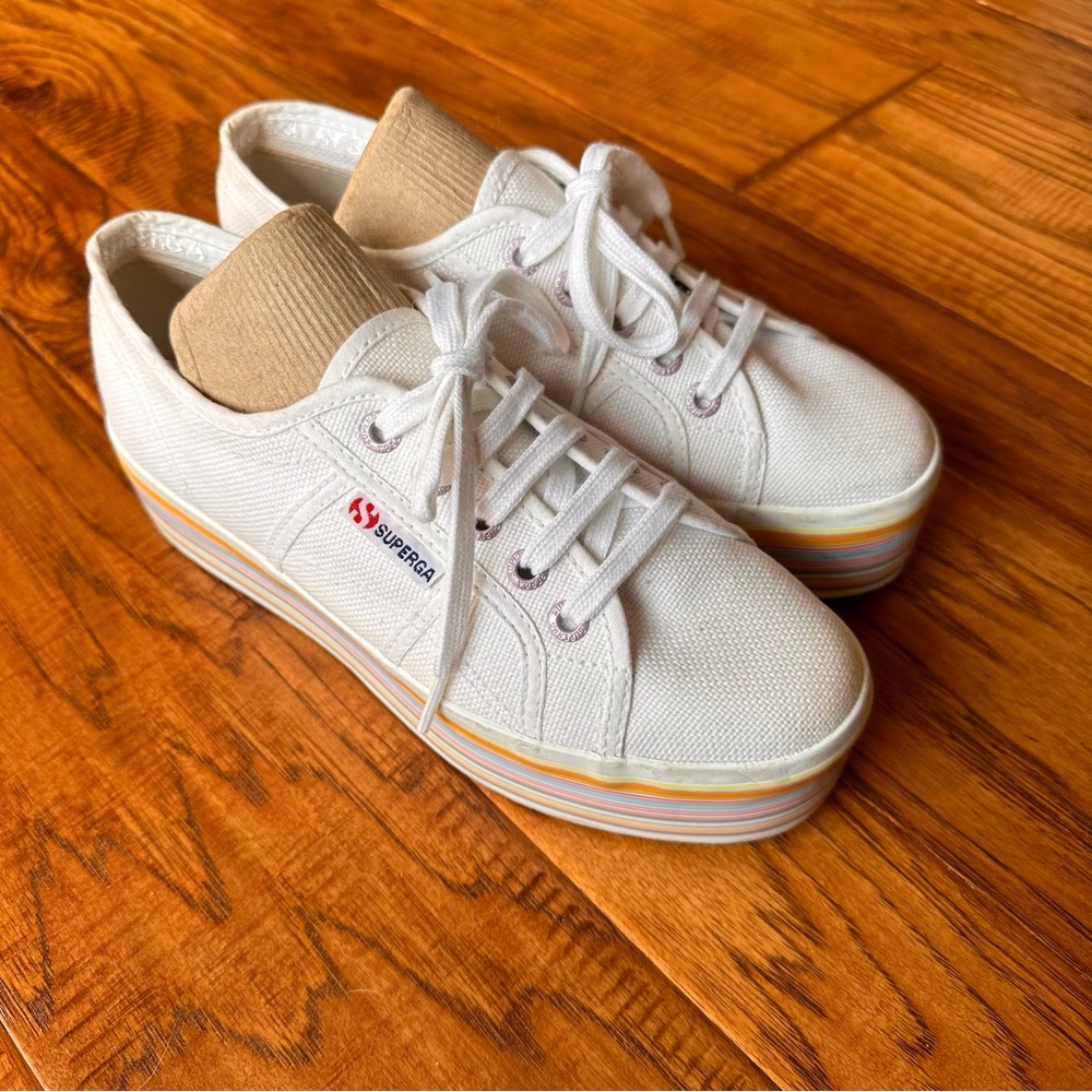 Superga White Multi Color Platform Rainbow Stripe Sneakers Size 6.5 - Picture 5 of 6